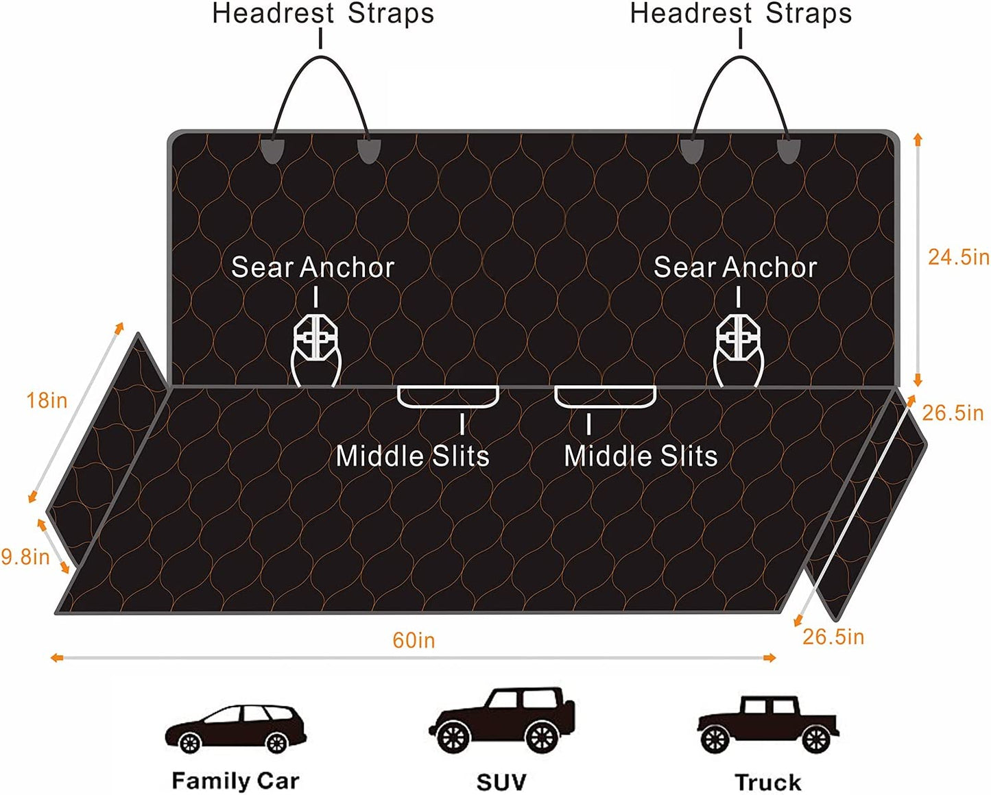 Dog Car Seat Cover Waterproof Pet Bench Seat Cover Nonslip and Heavy Duty Pet Car Seat Cover for Dogs with Universal Size Fits Cars, Trucks and Suvs (60" W X 51" L, Black)