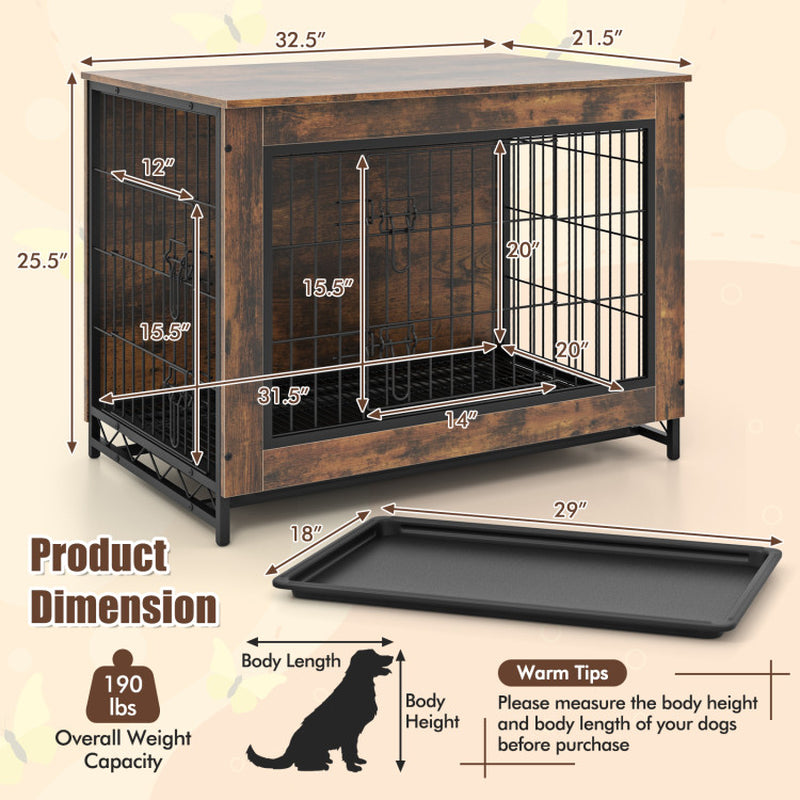 Dog Crate Furniture with Double Lockable Doors and Removable Pull-Out Tray