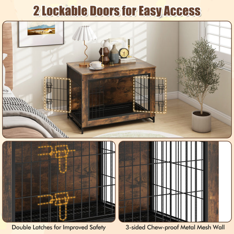 Dog Crate Furniture with Double Lockable Doors and Removable Pull-Out Tray