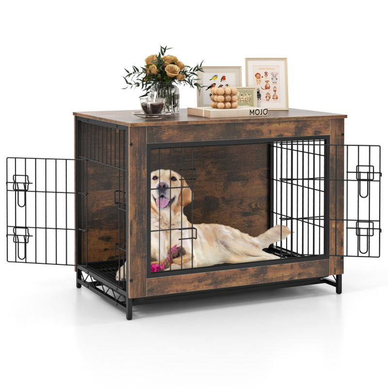 Dog Crate Furniture with Double Lockable Doors and Removable Pull-Out Tray