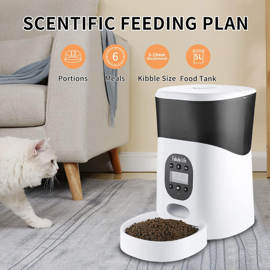 Automatic Cat Feeders, 5L Dog Food Dispenser Automatic with Buckle Lock Lid, Food Shortage Alarms and Portion Control 1-6 Meals per Day, Dual Power Supply Timed Cat Feeder and Voice Recorder（Black